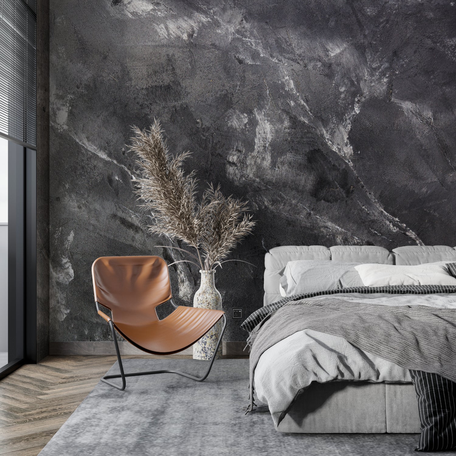 Dark marble wall design in upscale bathroom creating spa-like feel