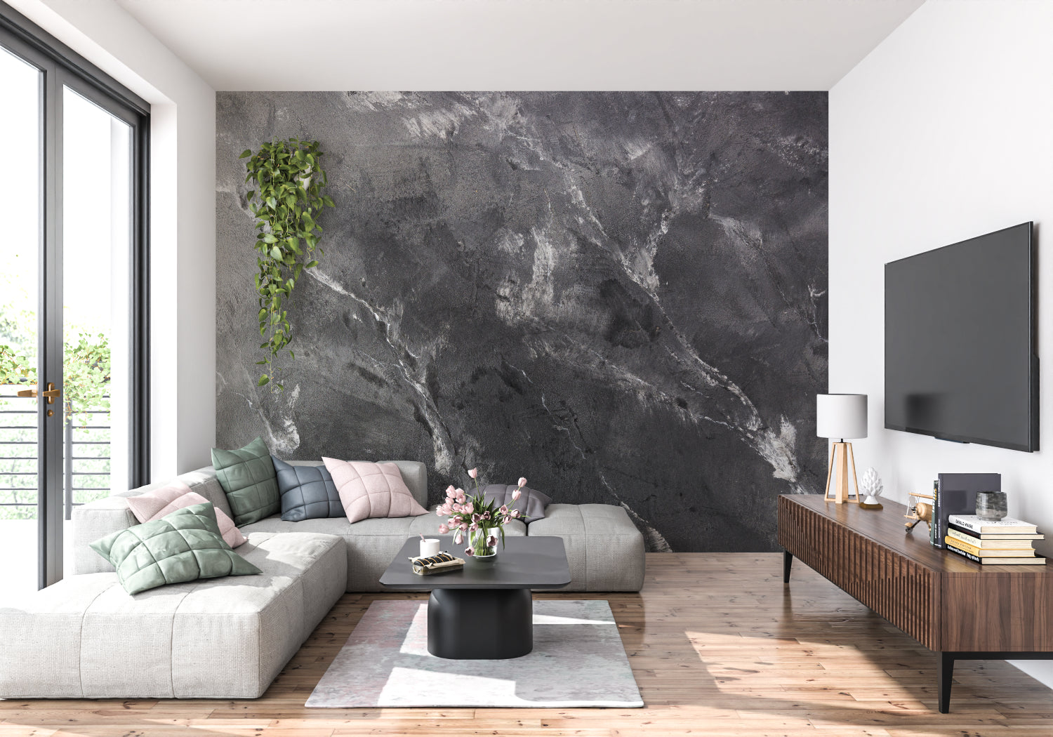 Grey stone wallpaper making statement in modern office space