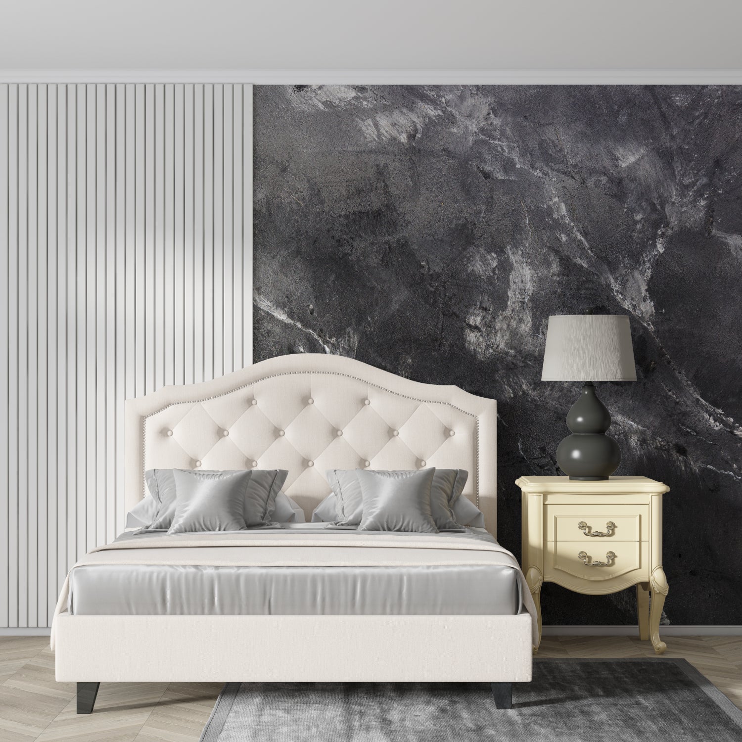 Dark grey marble wallpaper creating drama in a modern living room with clean furniture lines