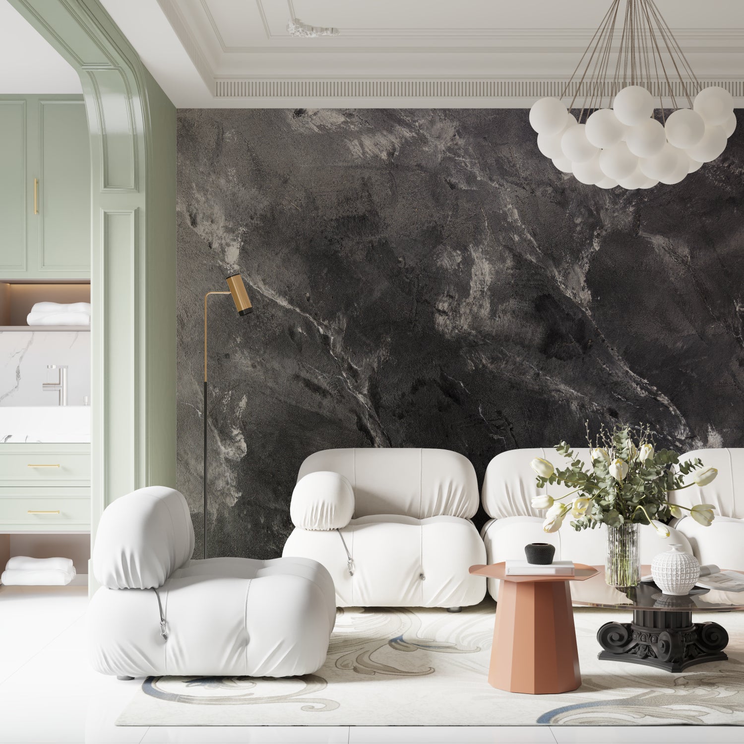 Luxury marble wall mural showcased in an elegant dining room setting