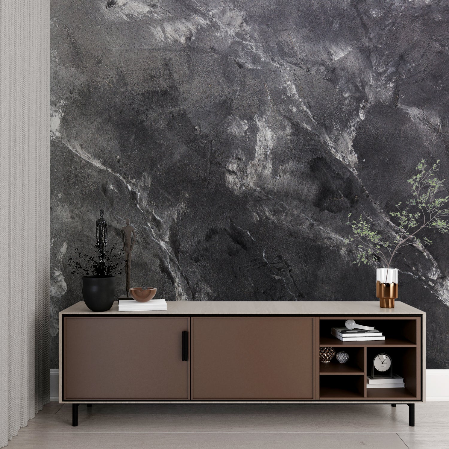 Stone texture wallpaper bringing luxury to a contemporary bathroom