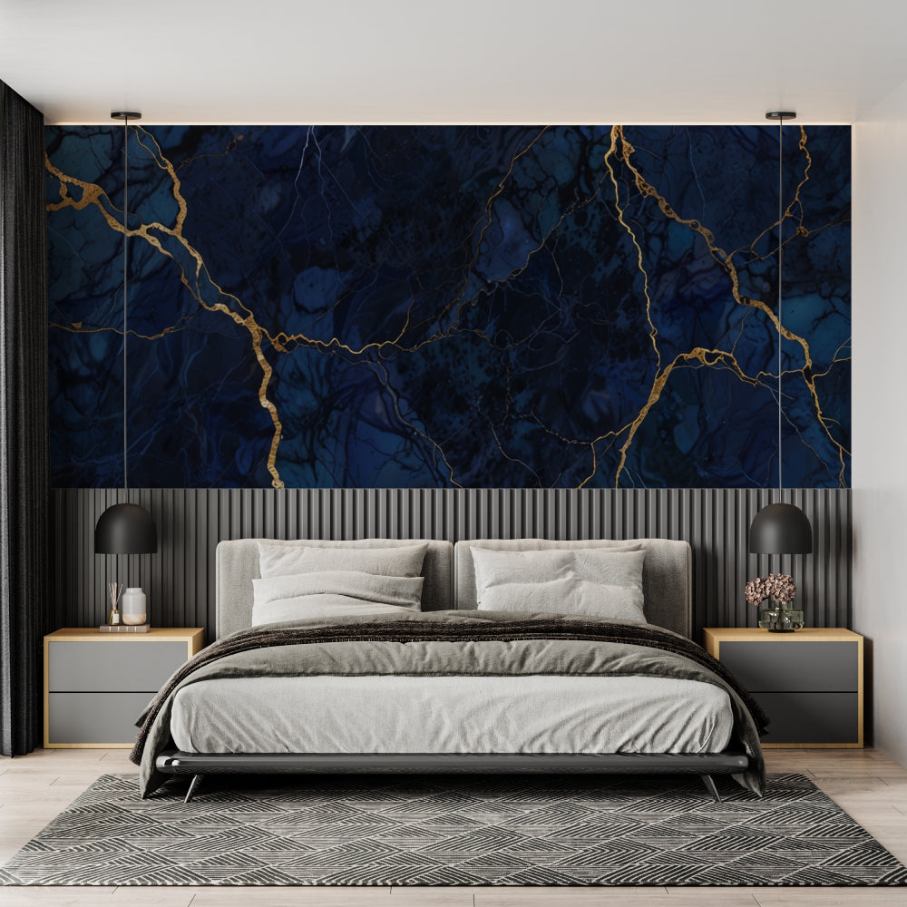 Deep blue and gold marble wallpaper in modern living room creating dramatic accent wall