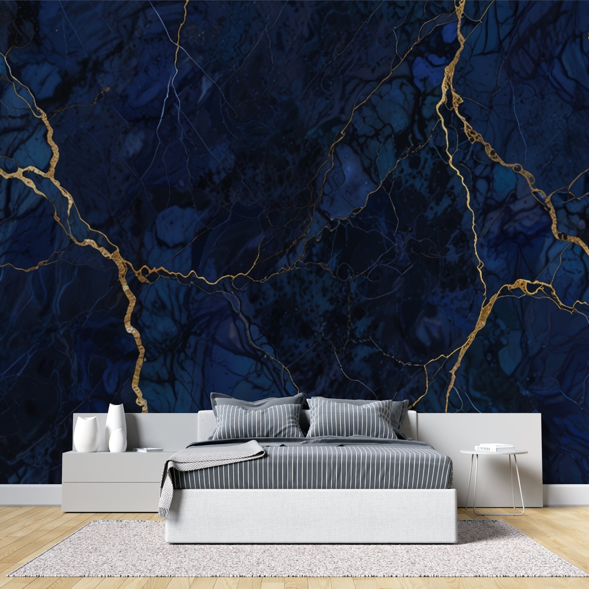 Luxury blue marble wall mural with gold veins in master bedroom setting