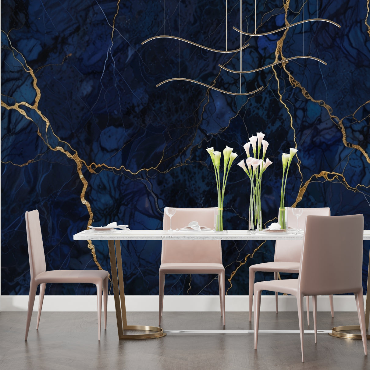 Navy and gold marble wallpaper design showcased in dining room