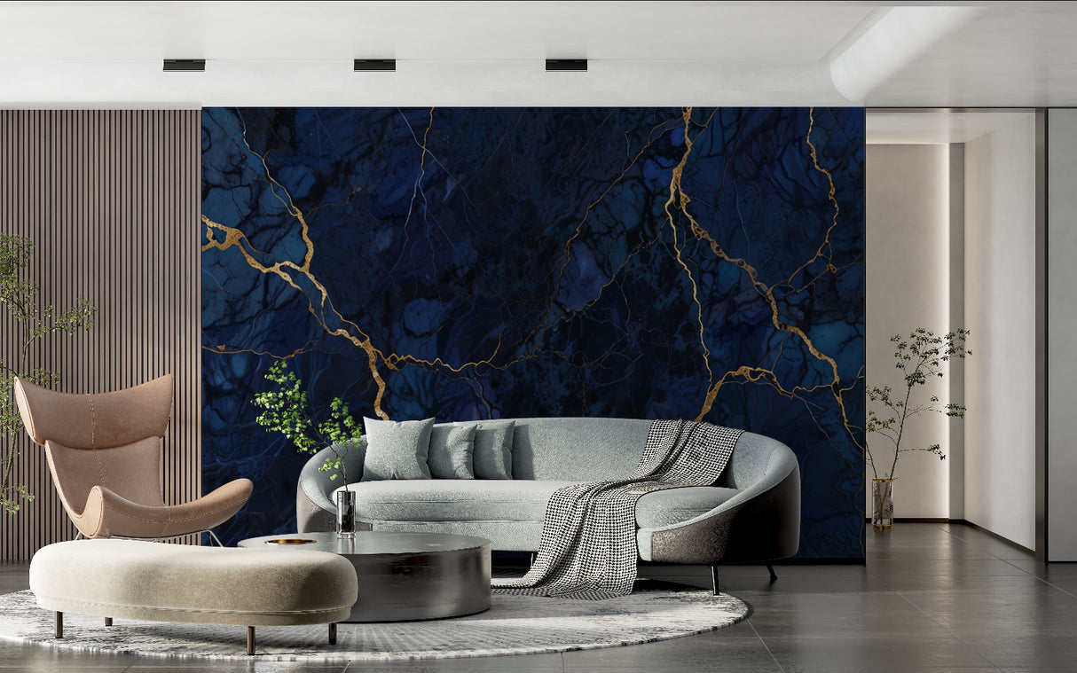 Blue marble effect wallpaper with gold details in home office space