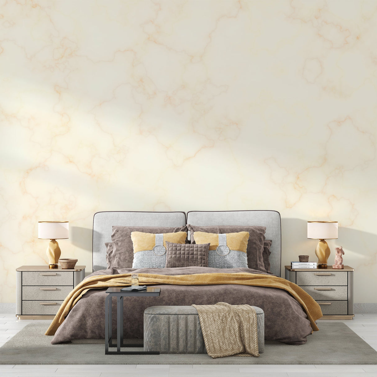 Master bedroom featuring cream marble effect wall mural with soft gold veining behind bed