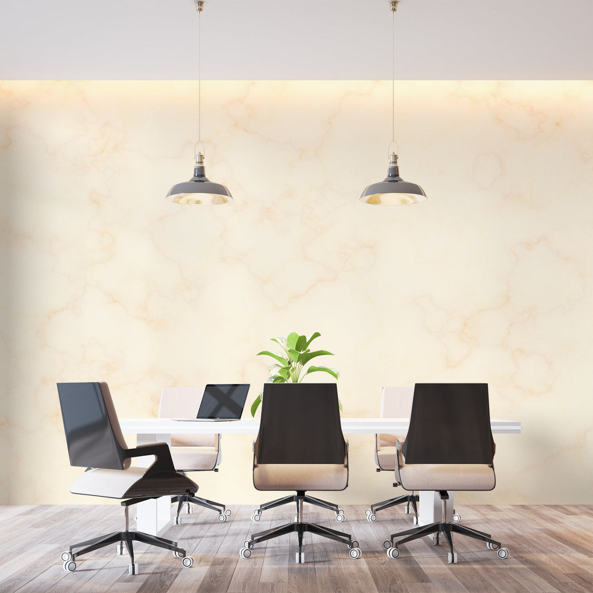 Dining room with beige marble wallpaper showing delicate gold veins in natural lighting