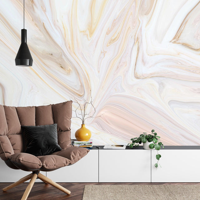 Marble wallpaper in modern living room showing flowing beige and white swirls creating depth and movement