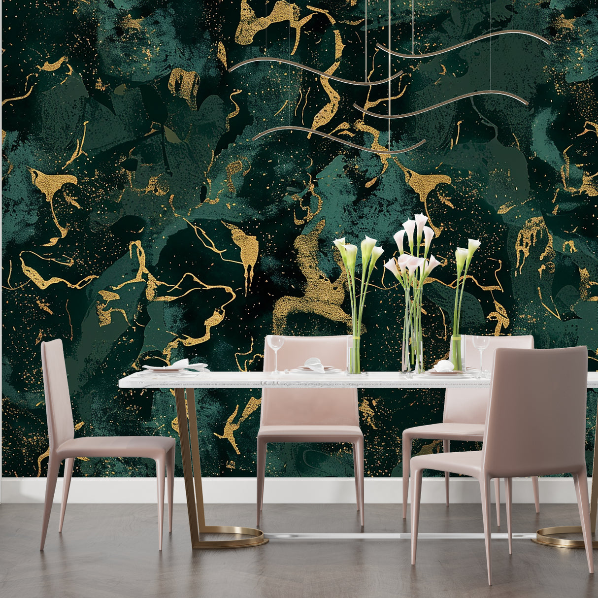 Luxury Marble Wallpaper in modern living room showing emerald green and gold abstract pattern