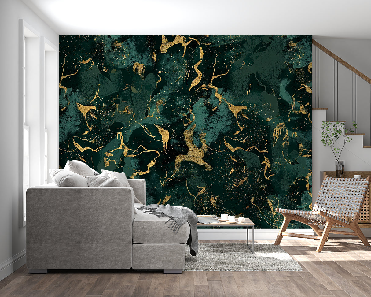 Green and gold marble effect wallpaper in elegant dining room setting