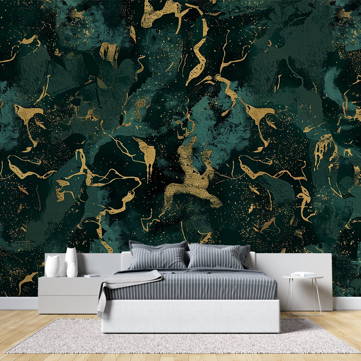 Abstract marble wallpaper showcased in master bedroom with gold accents