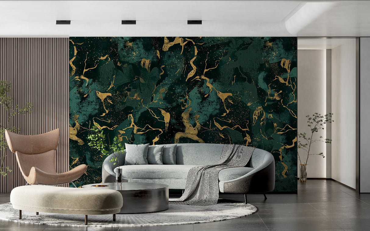Emerald marble wall mural creating luxury atmosphere in home office