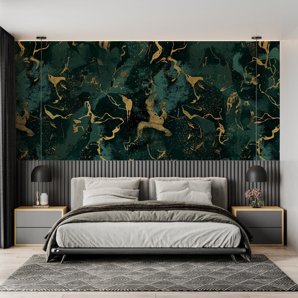 Green marble effect wallpaper featured in upscale hotel lobby