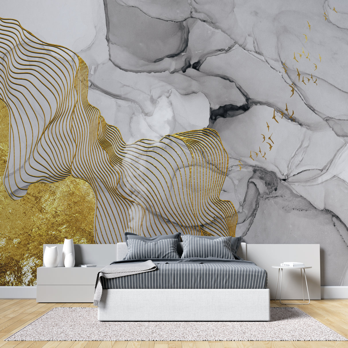 Marble and gold wave wallpaper in modern living room with grey sofa and ambient lighting