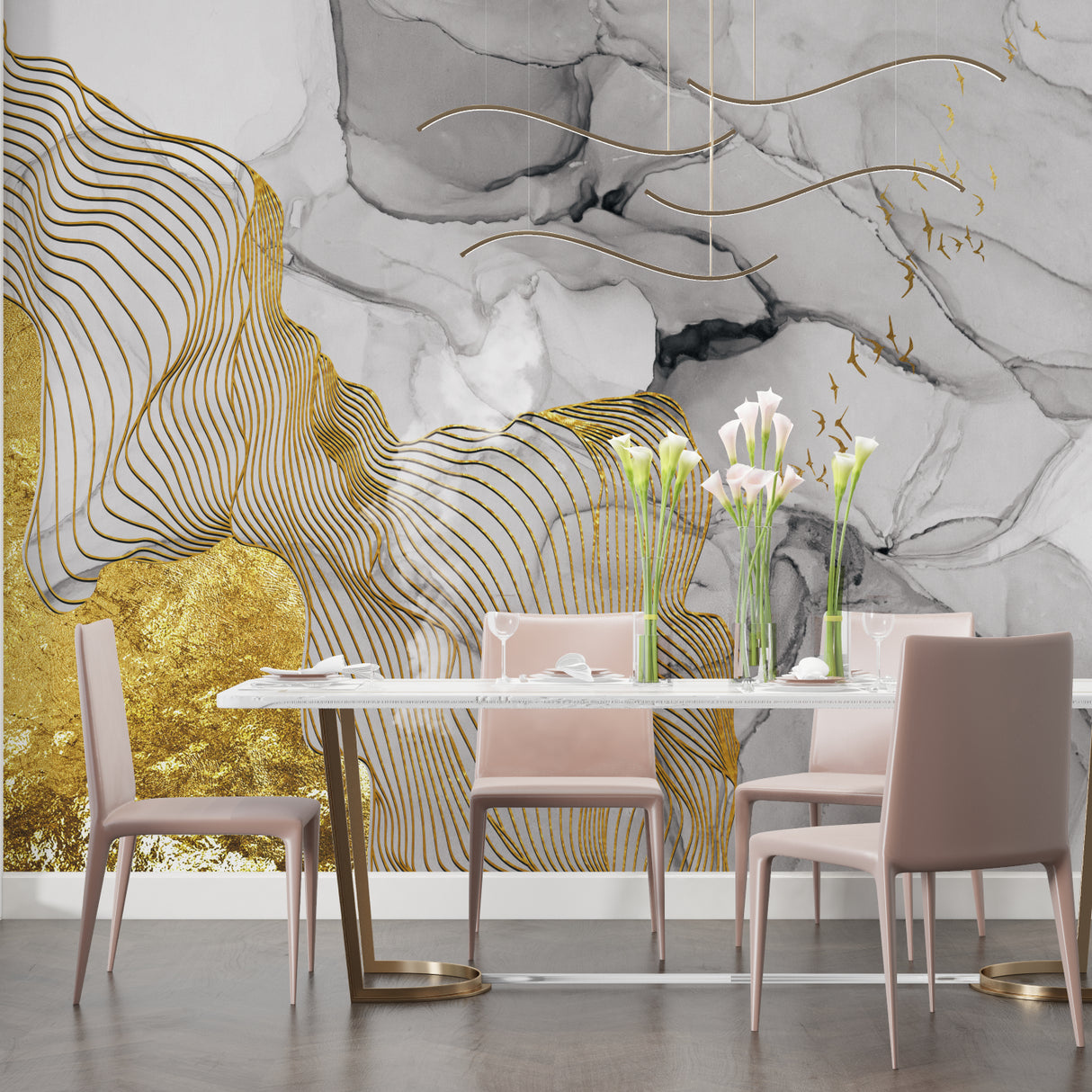 Gold wave marble wallpaper creating luxury feel in master bedroom with modern furniture