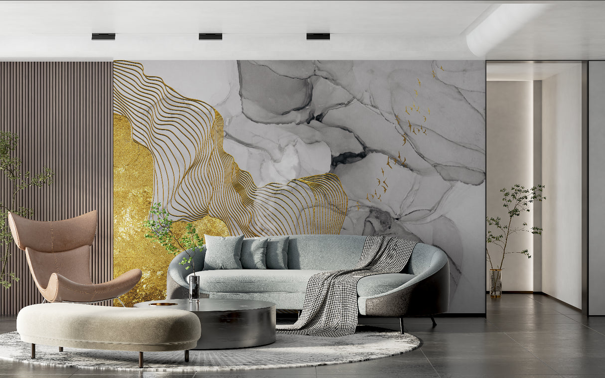 Grey marble wallpaper with gold accents in elegant dining room setting