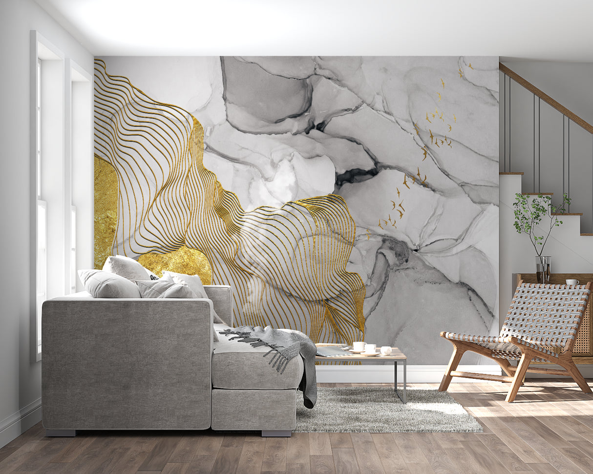 Modern office space featuring marble wave wallpaper with gold details