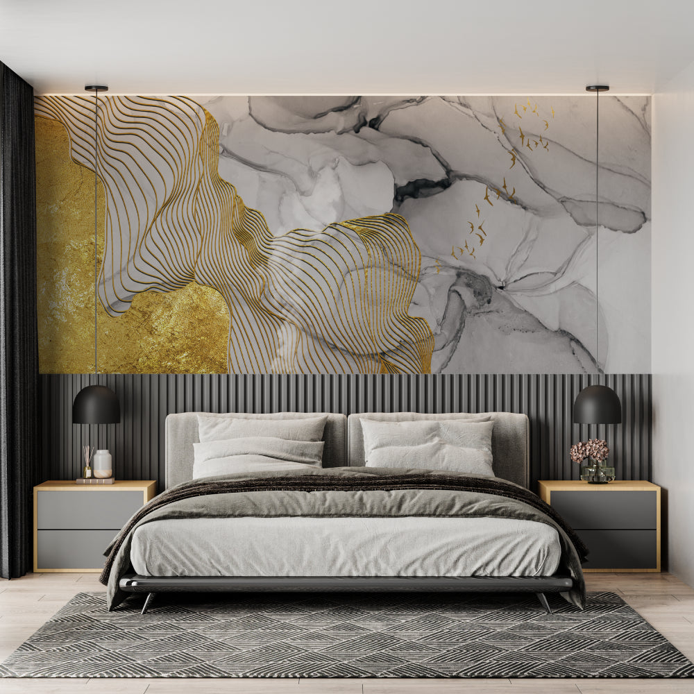 Luxury bathroom with grey and gold marble wallpaper design