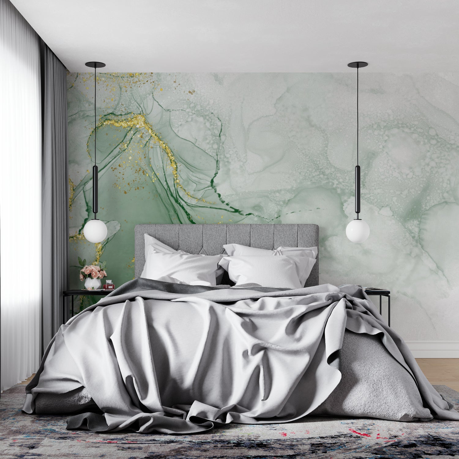 Green and gold marble wallpaper in modern living room creating luxurious atmosphere