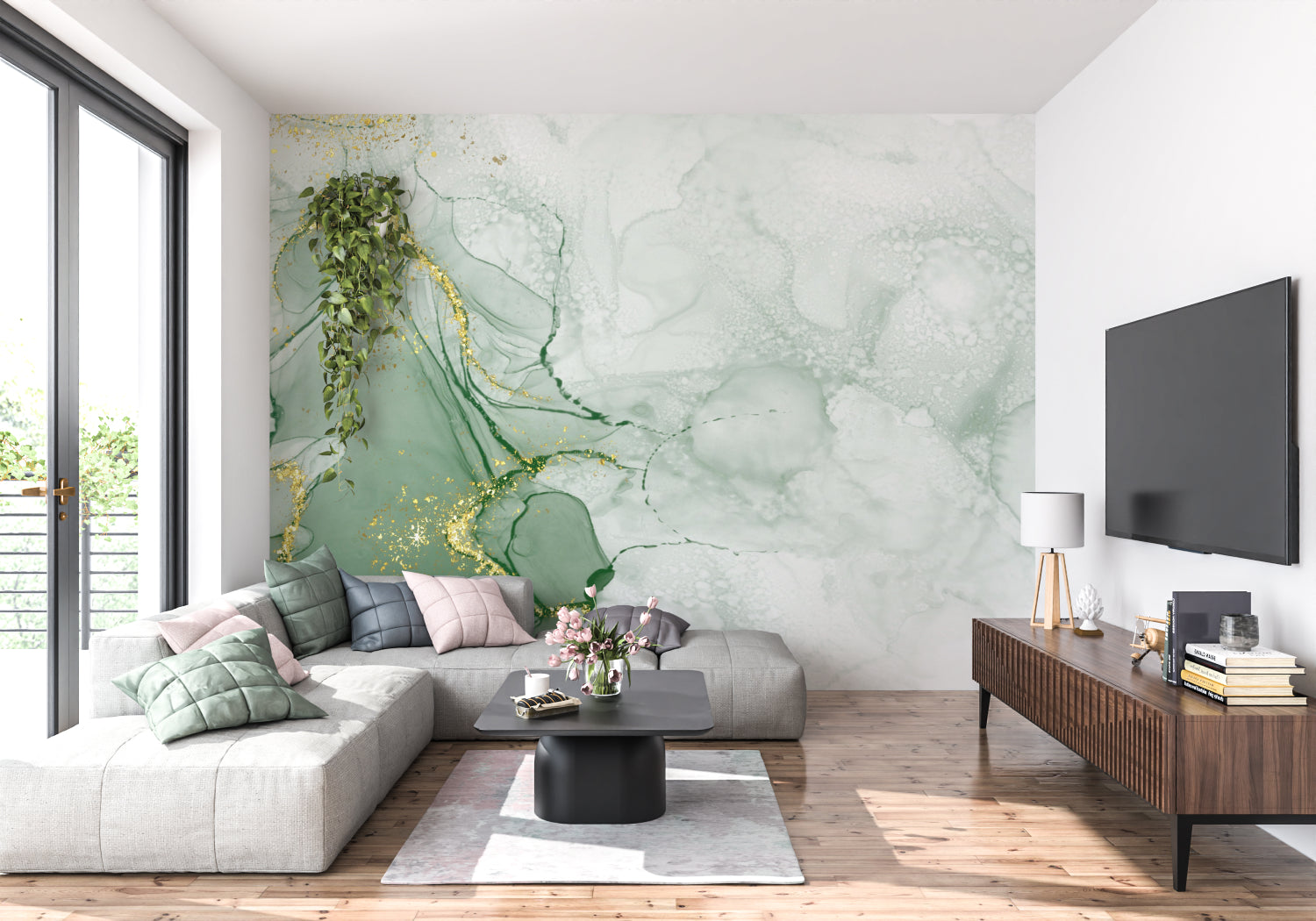 Bathroom showing green and gold marble wallpaper in natural light