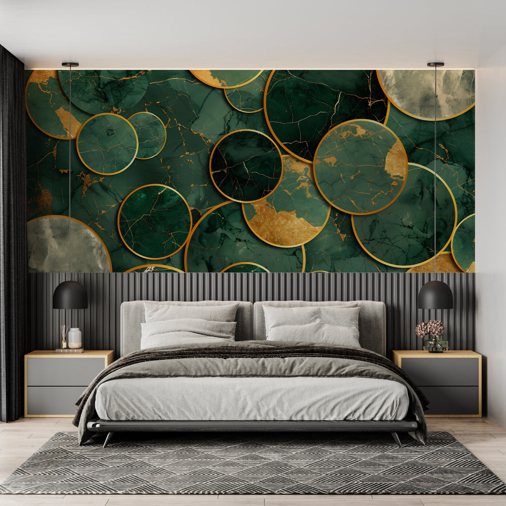 Green and gold marble wallpaper creating luxury atmosphere in modern living room