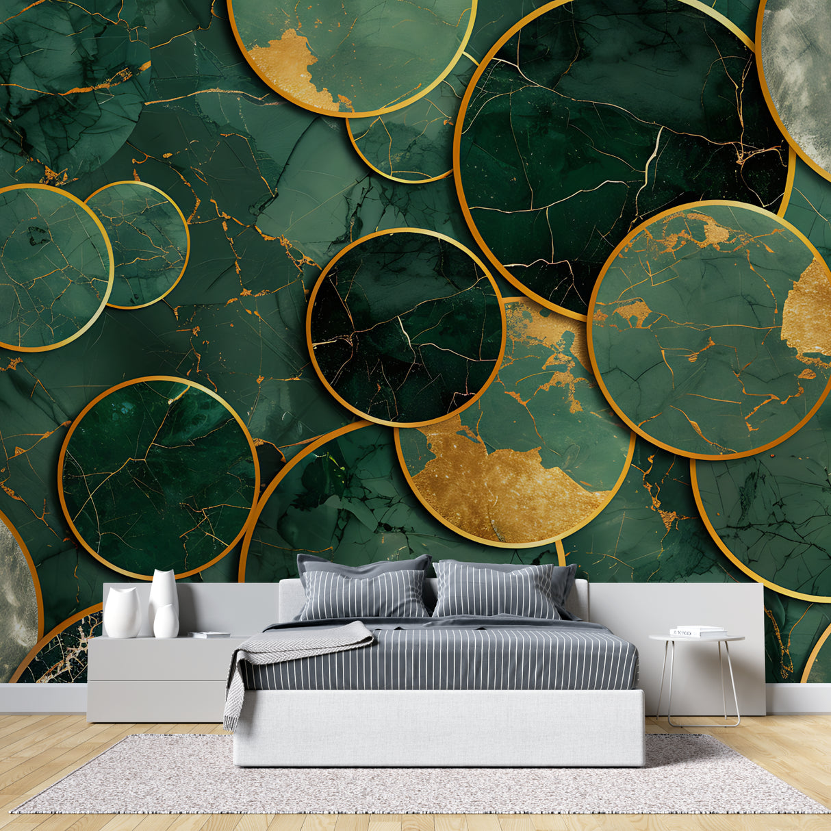 Circular marble wallpaper design showcased in elegant dining room setting