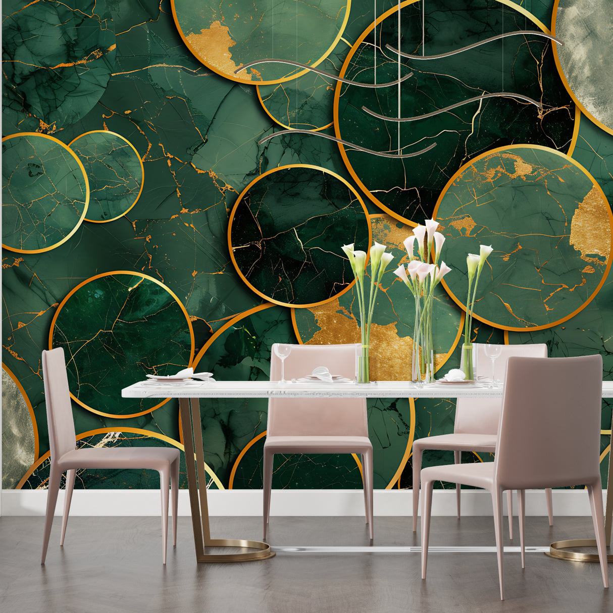 Master bedroom featuring emerald green and gold marble wallpaper