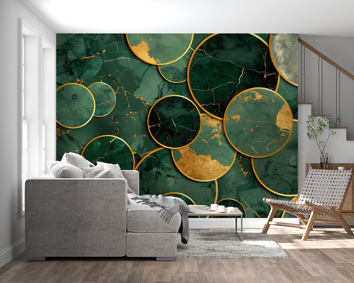 Home office space with green marble circular pattern wallpaper