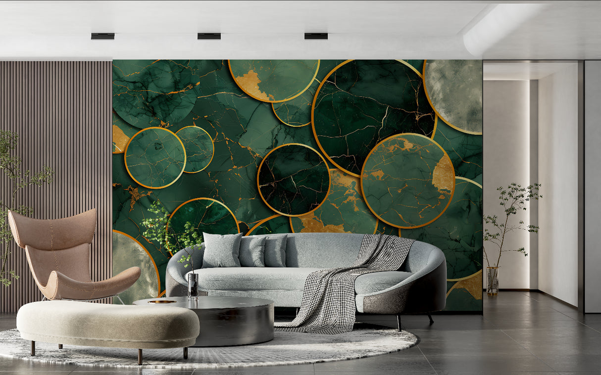 Entrance hall decorated with luxury green and gold marble wallpaper