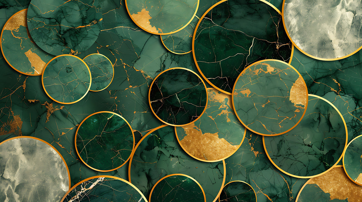 Design file showing detailed green marble pattern with gold circular accents
