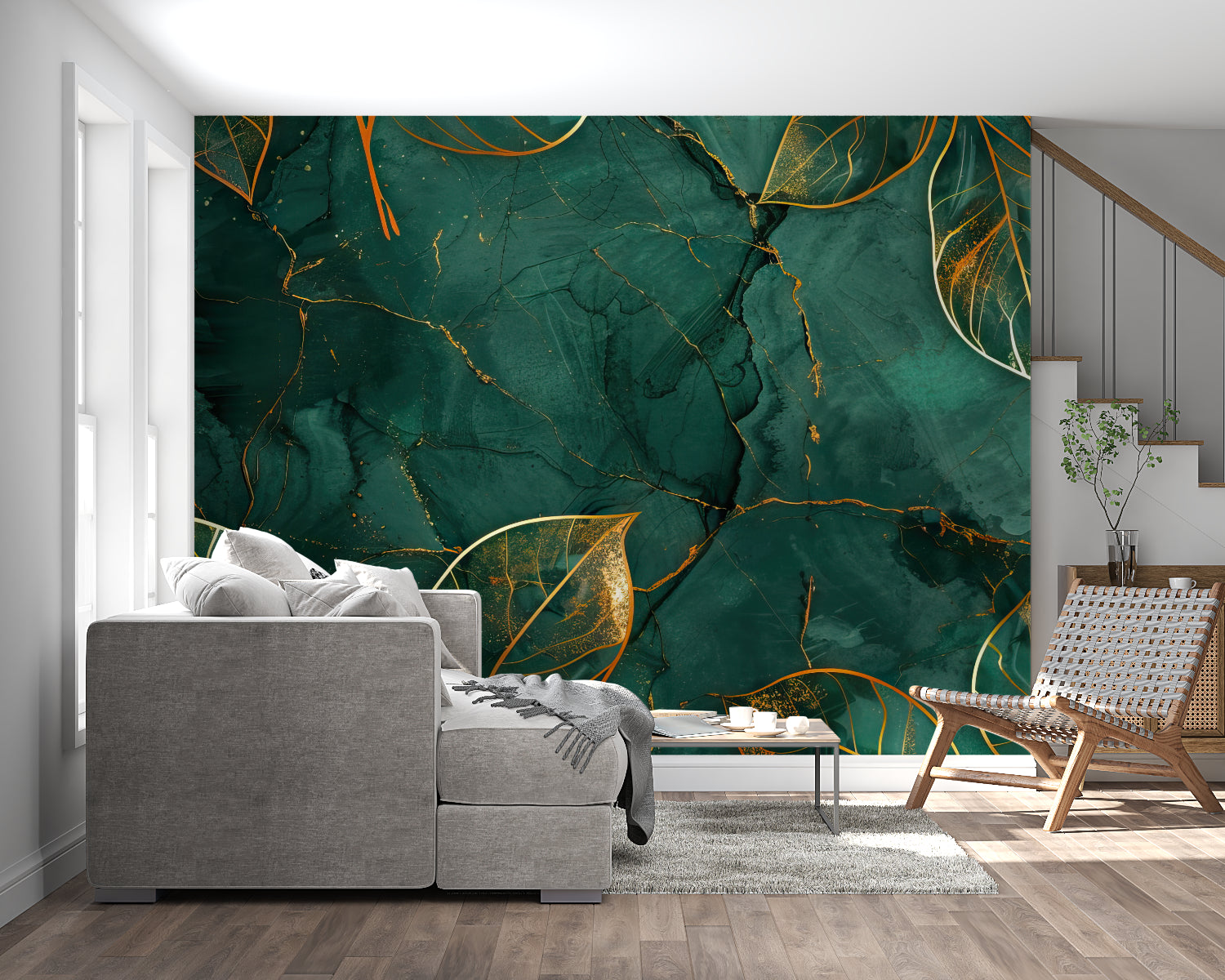 Luxury dining room featuring emerald marble wallpaper with gold leaf accents behind elegant furniture