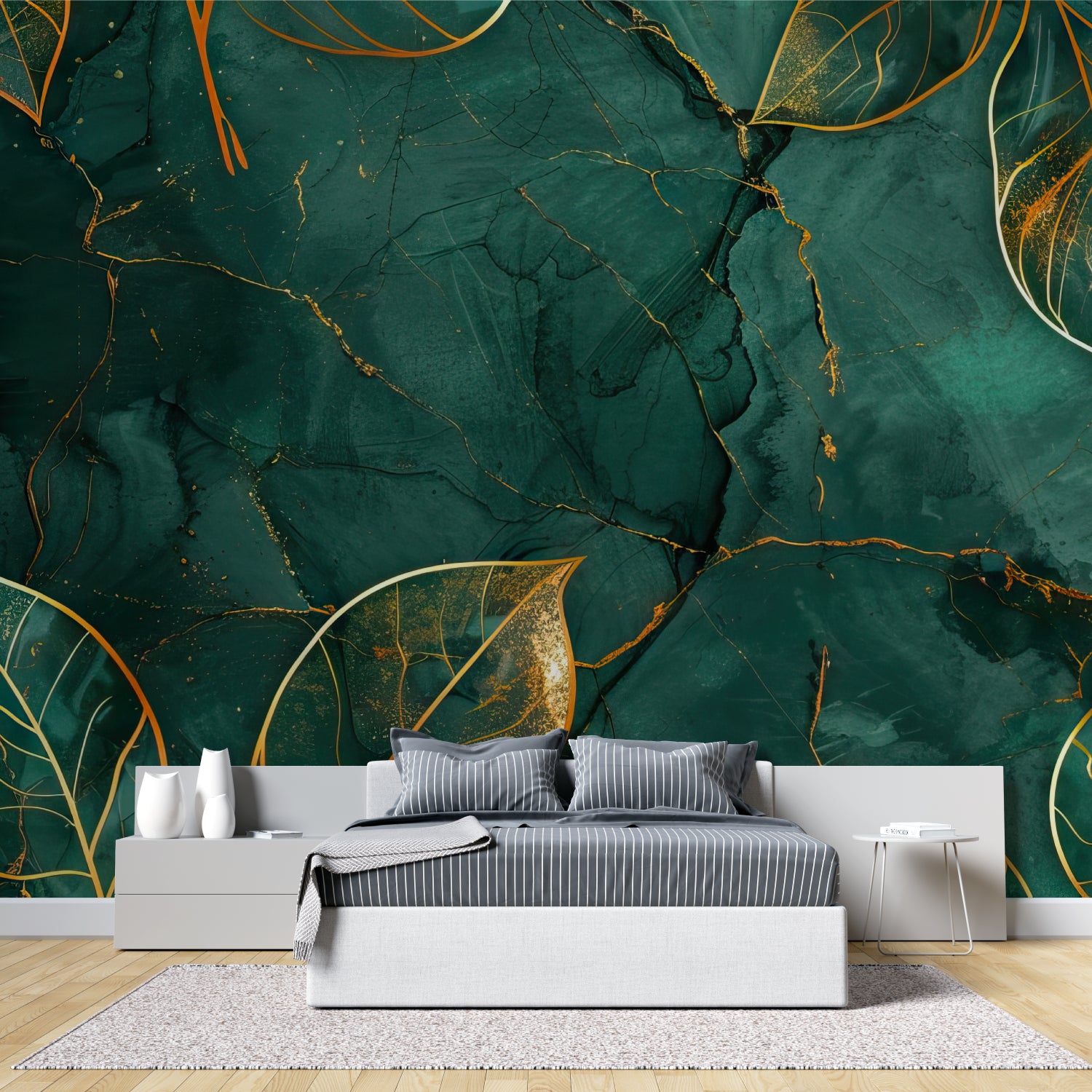 Entryway decorated with green marble and gold leaf wallpaper making a grand first impression