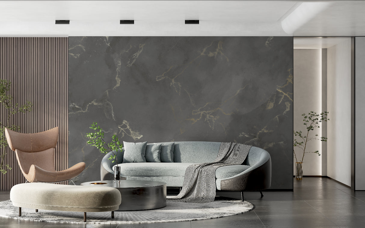 Master bedroom with marble wall mural showcasing dramatic grey and gold patterns