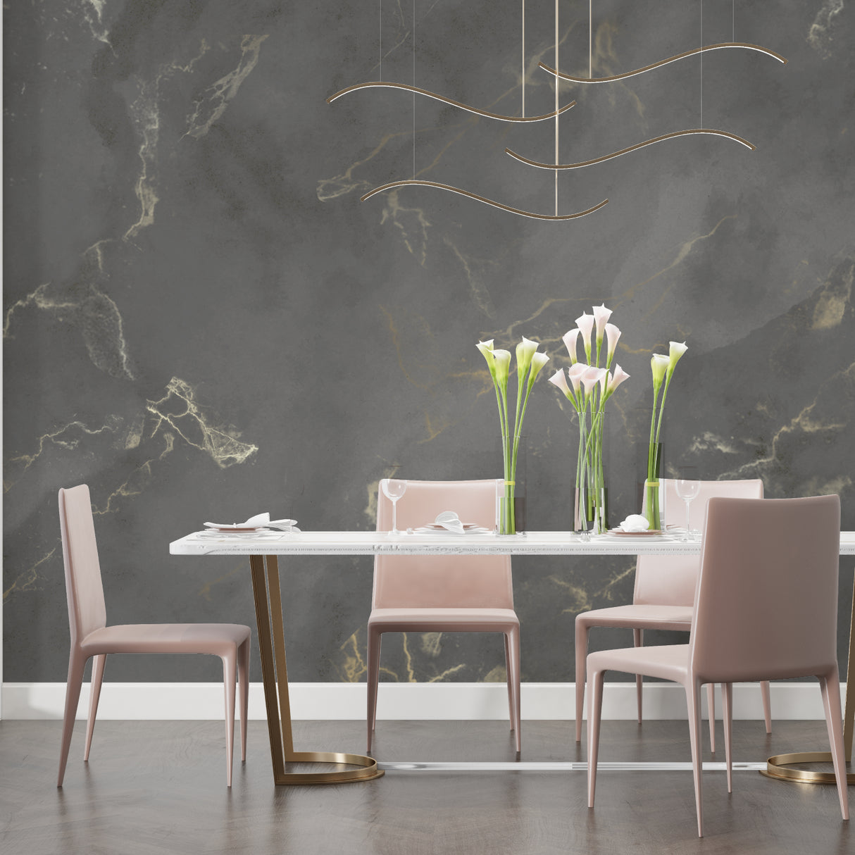 Home office space with luxury marble wallpaper creating a professional atmosphere