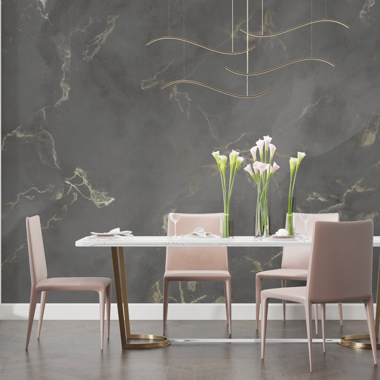Grey and gold marble wallpaper in modern dining room with crystal chandelier