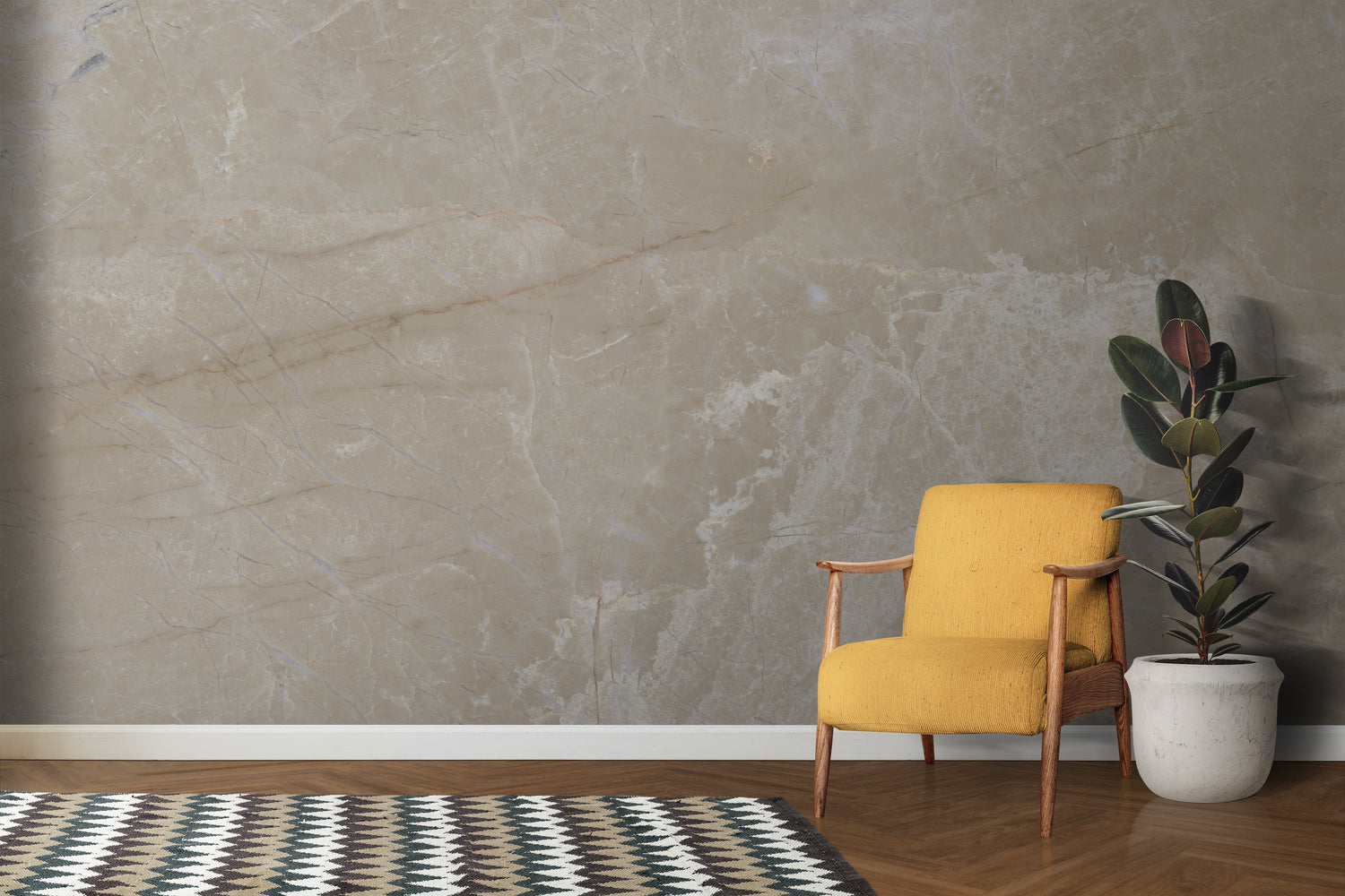 Stone effect wallpaper transforming a home office with its natural beige tones and subtle veining