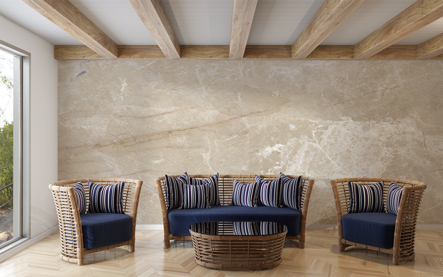 Marble pattern wallpaper making a bold statement in an upscale entryway with modern furnishings