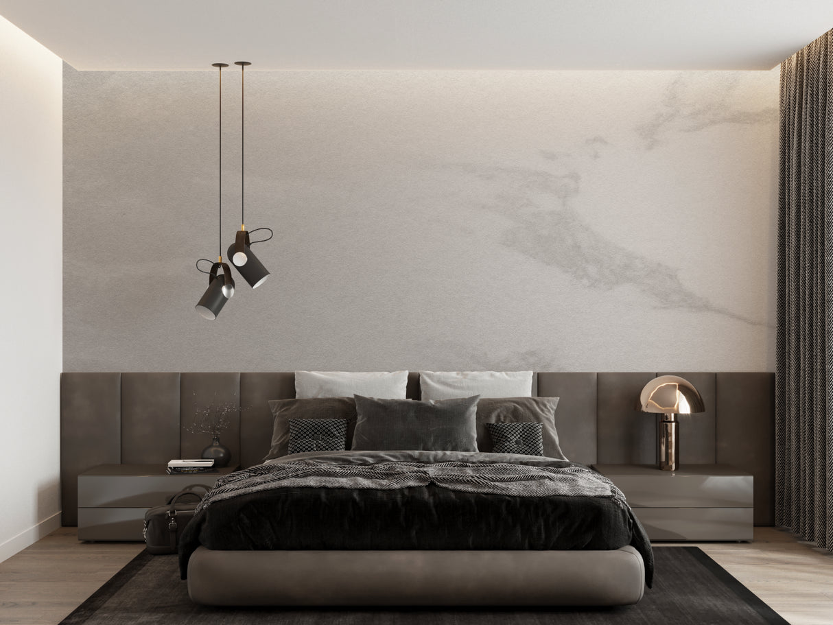 Grey and beige marble effect wallpaper making a master bedroom look bigger and brighter