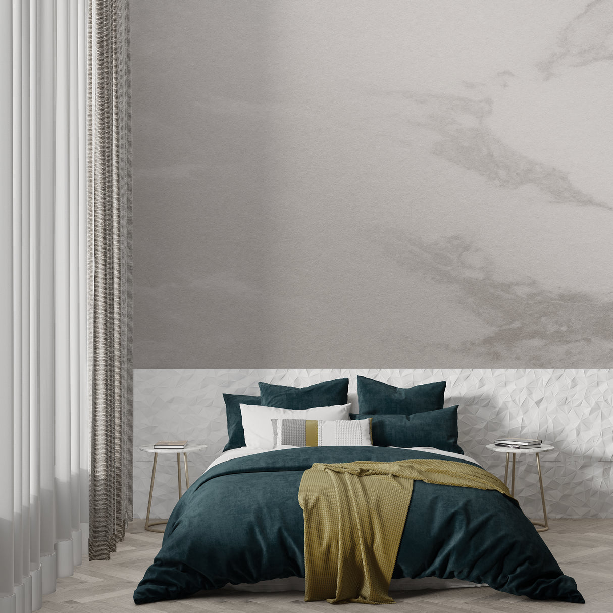 Marble wall mural adding luxury to a modern home office space with clean lines