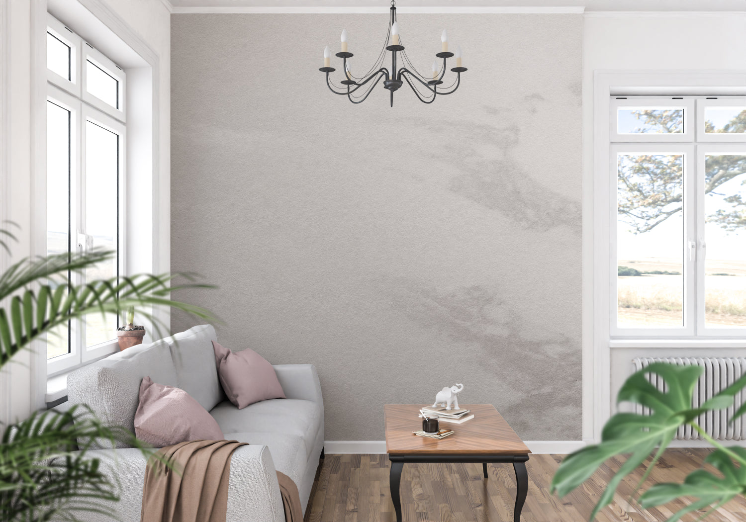 Grey marble effect mural creating depth in a modern hallway space