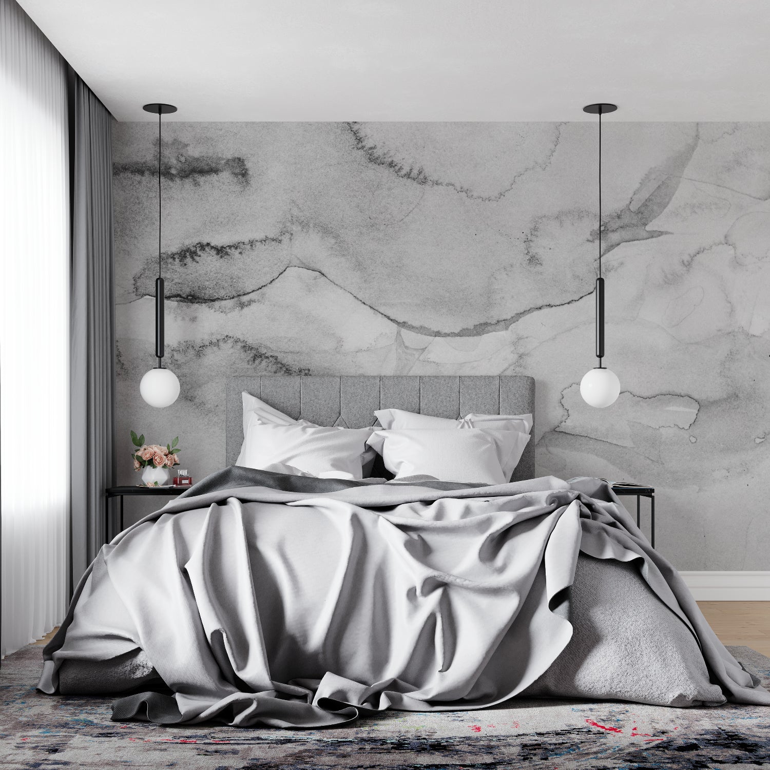 Grey and white marble wall mural in master bedroom with modern decor