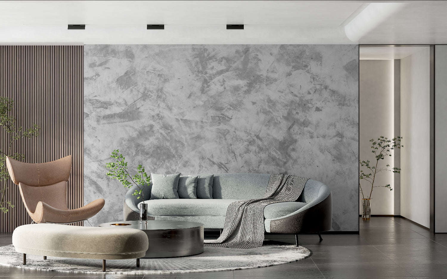 Textured marble wallpaper creating luxury feel in modern office space