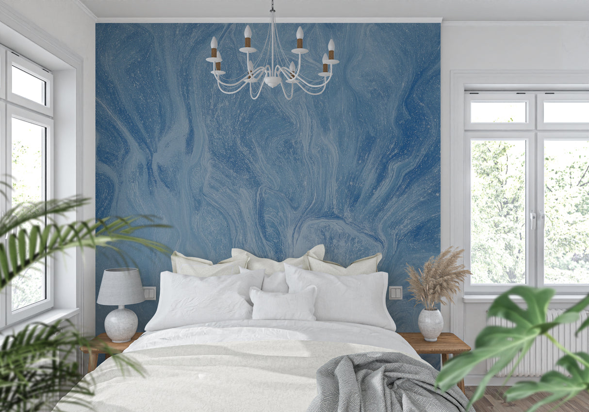 Ocean blue abstract wave mural in master bedroom with natural light
