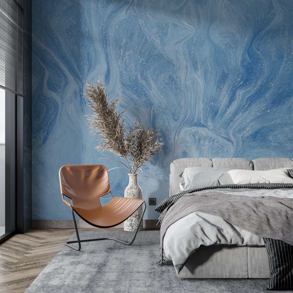 Blue abstract marble pattern transforming modern office space