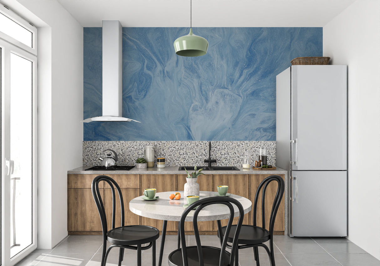Abstract wave mural creating depth in contemporary dining room