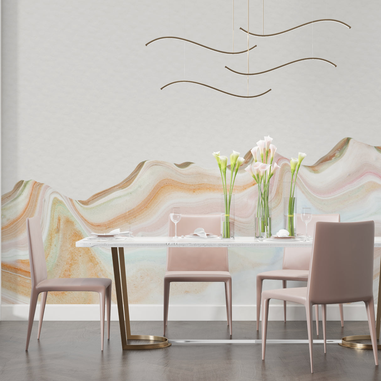 Marble wave wallpaper in modern living room showing flowing pastel design catching natural light