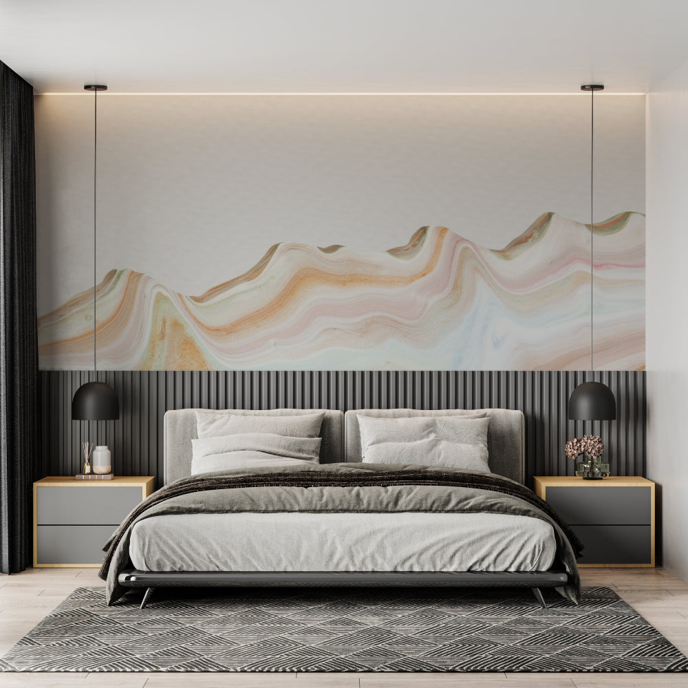 Abstract marble wallpaper creating calm atmosphere in master bedroom with minimal furniture