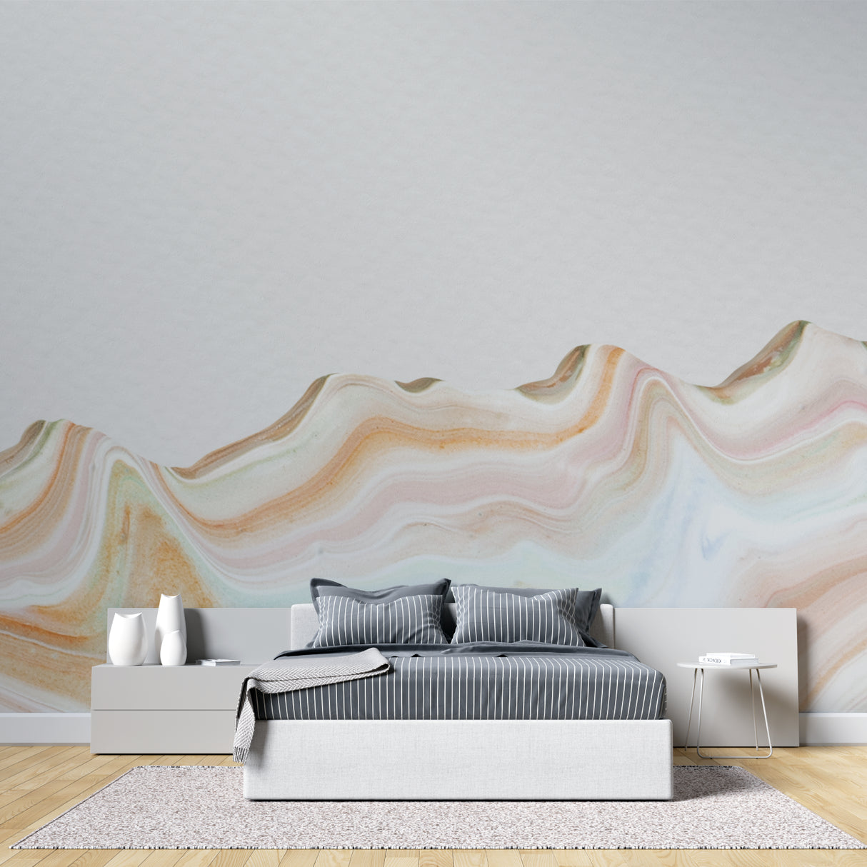 Pastel wave mural in home office space highlighting soft pink and mint tones