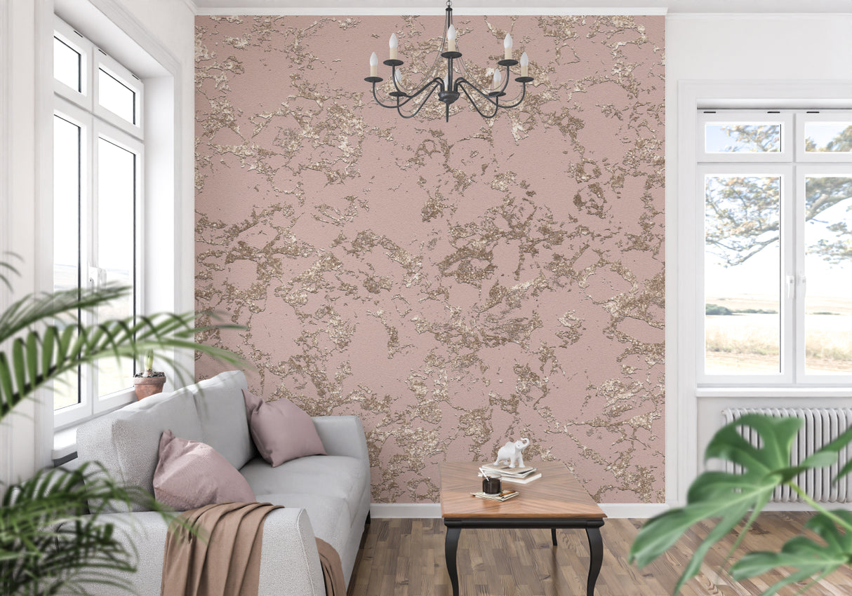 Pink and gold marble wallpaper in modern living room showing soft glowing effect on walls