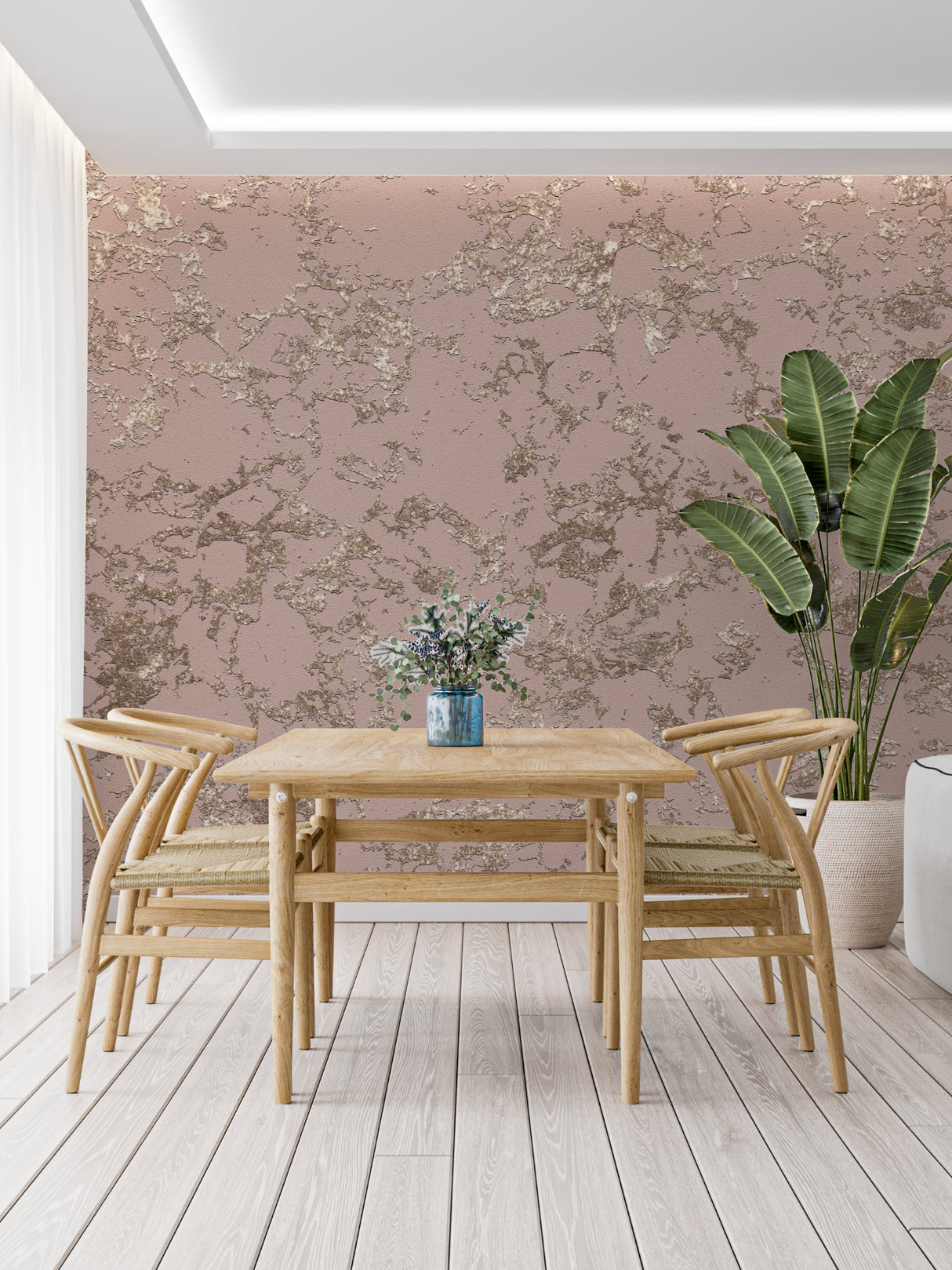 Luxury dining room featuring pink marble wall mural with gold accents